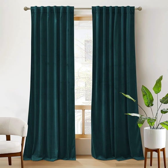 PinesC Velvet Curtains 2 Panels Set - Super Soft Durable Window Drapes Room Darkening Energy Smart Back Tap for Apartment Villa Room Backdrops, Peacock Blue, W52 x L96 inches, 2 Panels