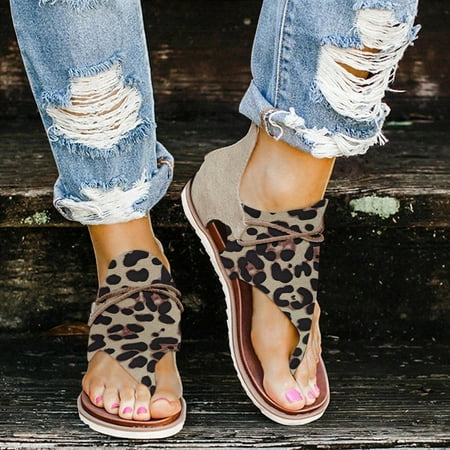 

Mishuowoti Summer Women Ladies Flat Leopard Print Sandals Casual Lace Deco Zip Up Shoes