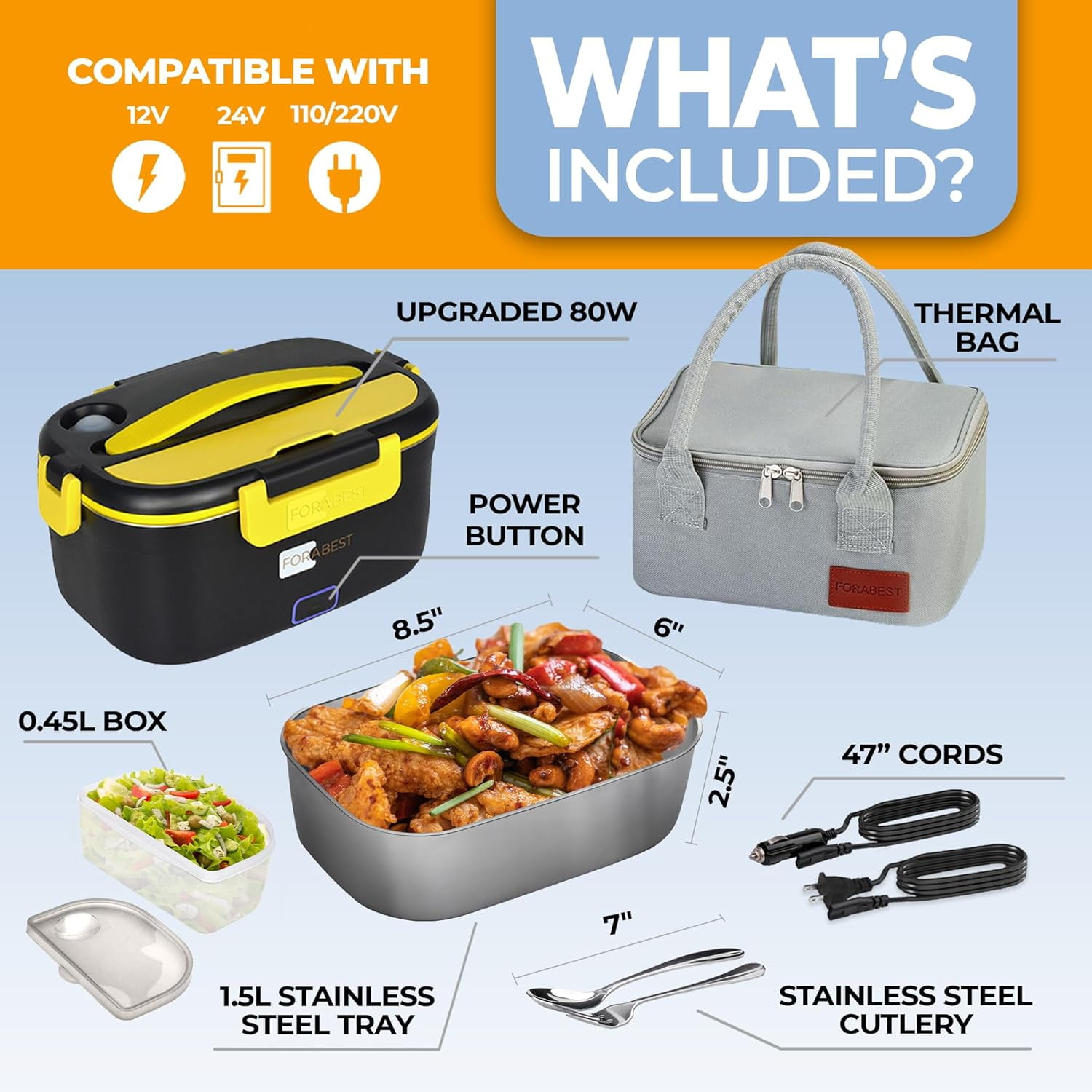 FORABEST Electric Lunch Box Food Heater Upgraded Portable Food Warmer with Power on/off Button 12V/24V,110V/220V, SS Container, Large utensils, Fast Heating for Car/Truck/Home/office and Camping.