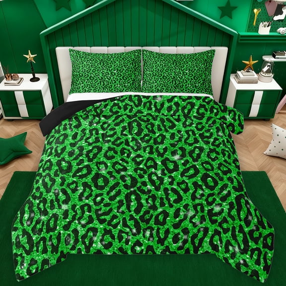 Feelyou Green Leopard Print Full Size Comforter Sets, Modern Fashion Polkadots Bedding Comforter Set, Cheetah Wildlife Reversible Bedding Sets, Microfiber Bedroom Decor, 3 Pieces