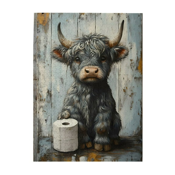 500-Piece Wooden Jigsaw Puzzle for Adults & Families - Highland Cattle Toilet Paper , Fun & Educational Brain-Teasing Game, Artistic Home Decor