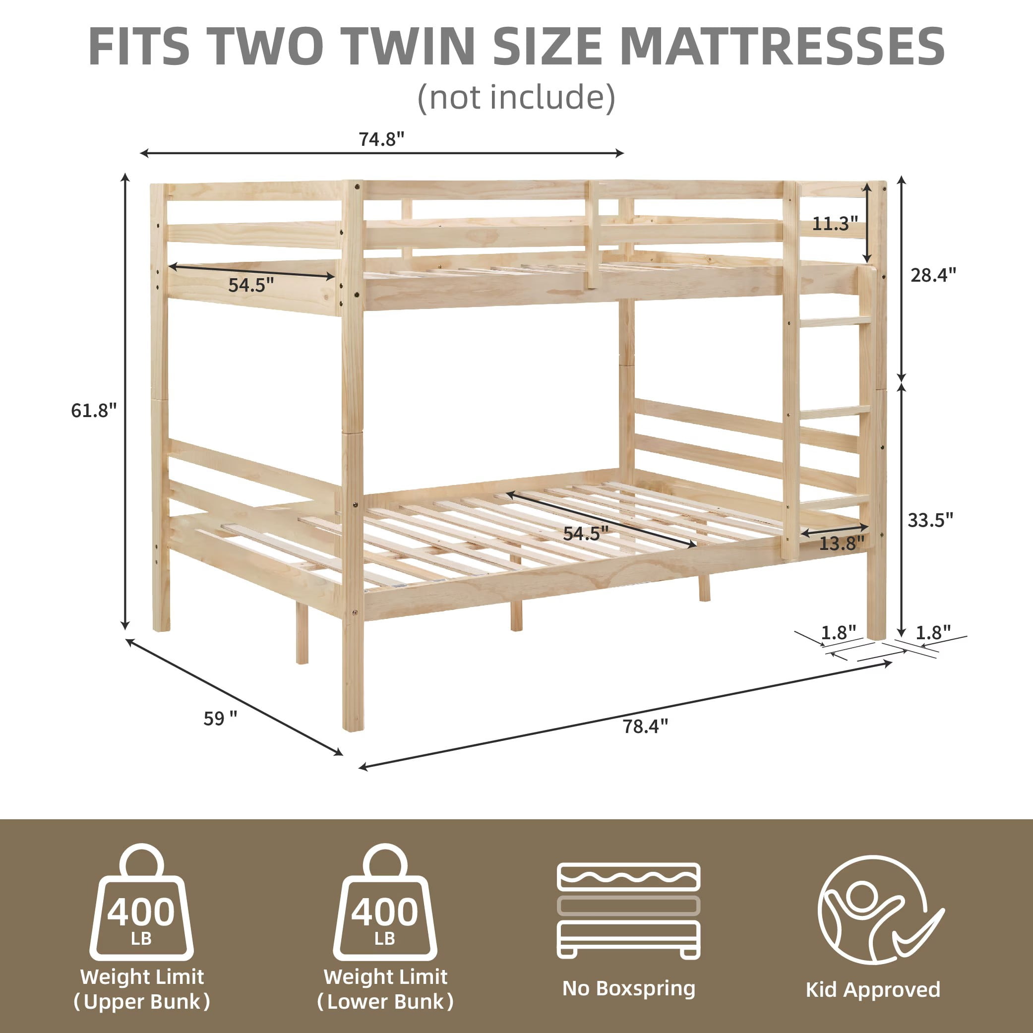 Full Over Full Bunk Bed, Solid Wood Bunk Bed Frame with High Guardrails and Ladder, Heavy Duty Wooden Slats, No Box Spring Needed for Kids, Teens, Guest Room, Natural