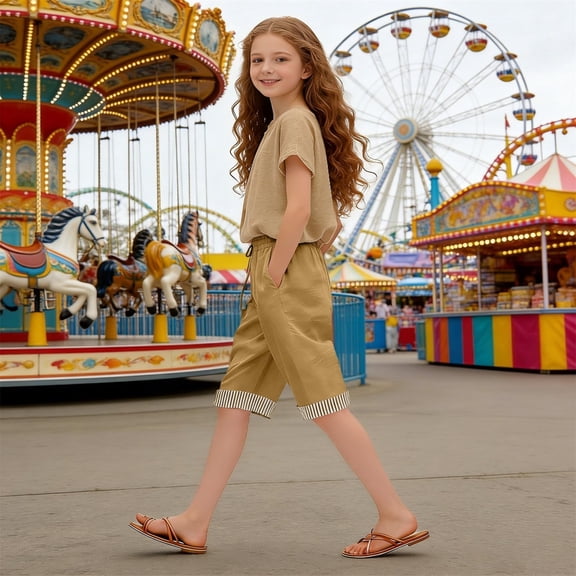 OOOUM Girls Knee Length Pants High Waist Wide Leg Cropped Pants With Pockets Skinny And Comfortable Summer Bottoms For Kids Khaki 13-14 Years