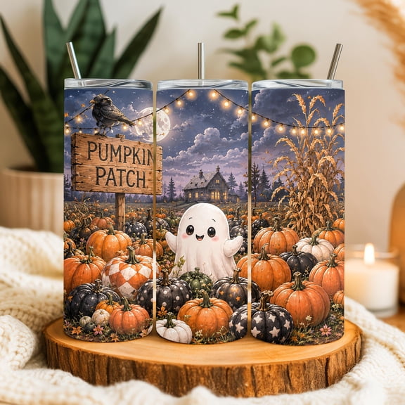 Pumpkin Patch Ghost Skinny Tumbler 20oz with Lid and Reusable Straw, Stainless Steel Insulated Travel Mug for Hot and Cold Drinks, Cup Holder Friendly Gift for Women Men, Home Work Travel