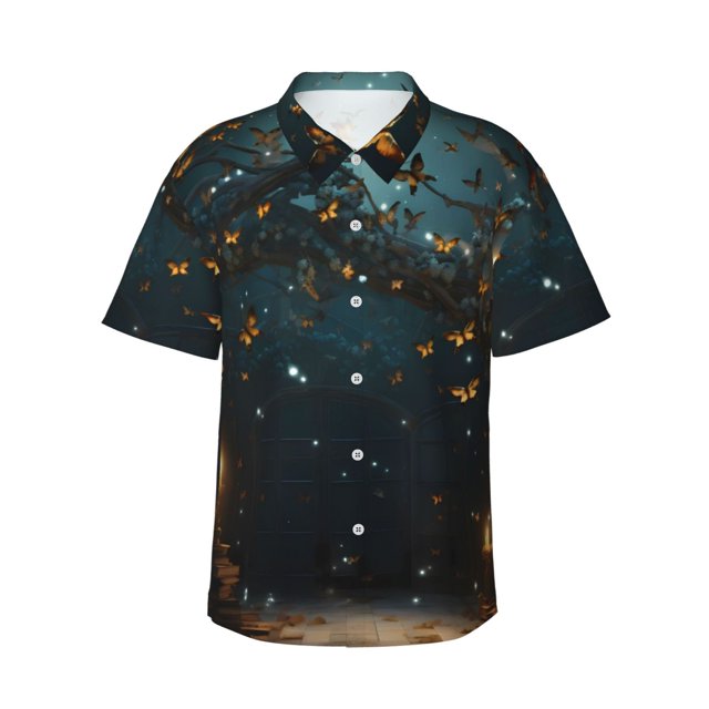Xecao Magical Library Butterfly Night Pattern Men's Hawaiian Shirt with Button Front and Chest Pocket Classic Short Sleeve Beach Vacation Shirt,Small