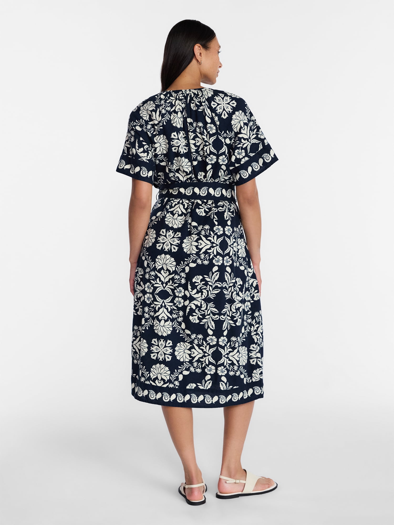 Time and Tru Women’s Border Print Linen Blend Midi Dress, Sizes XS-XXXL