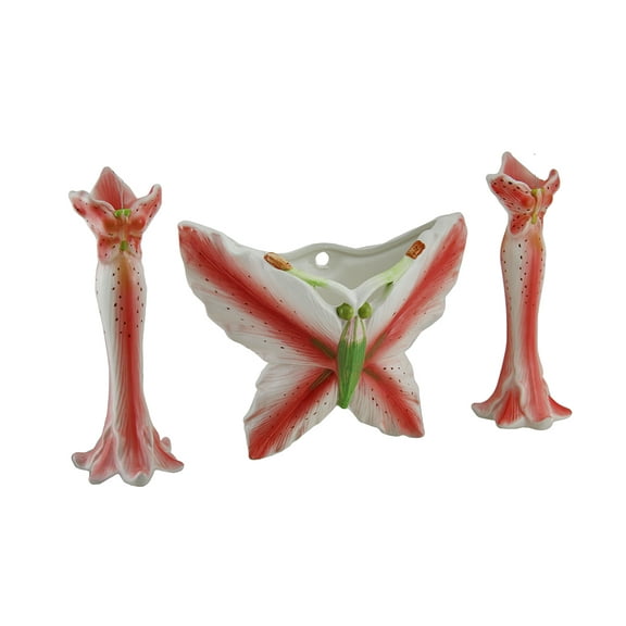 Zeckos 3 Pc. Pink Tiger Lily Flower Candle Holder and Butterfly Vase Set