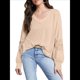 thumbnail image 2 of Blusas de Mujer con Cuello en V, Larga, Encaje, Elegantes, Informales, Modernas, de Gran Tamaño. Albaricoque L, 2 of 7