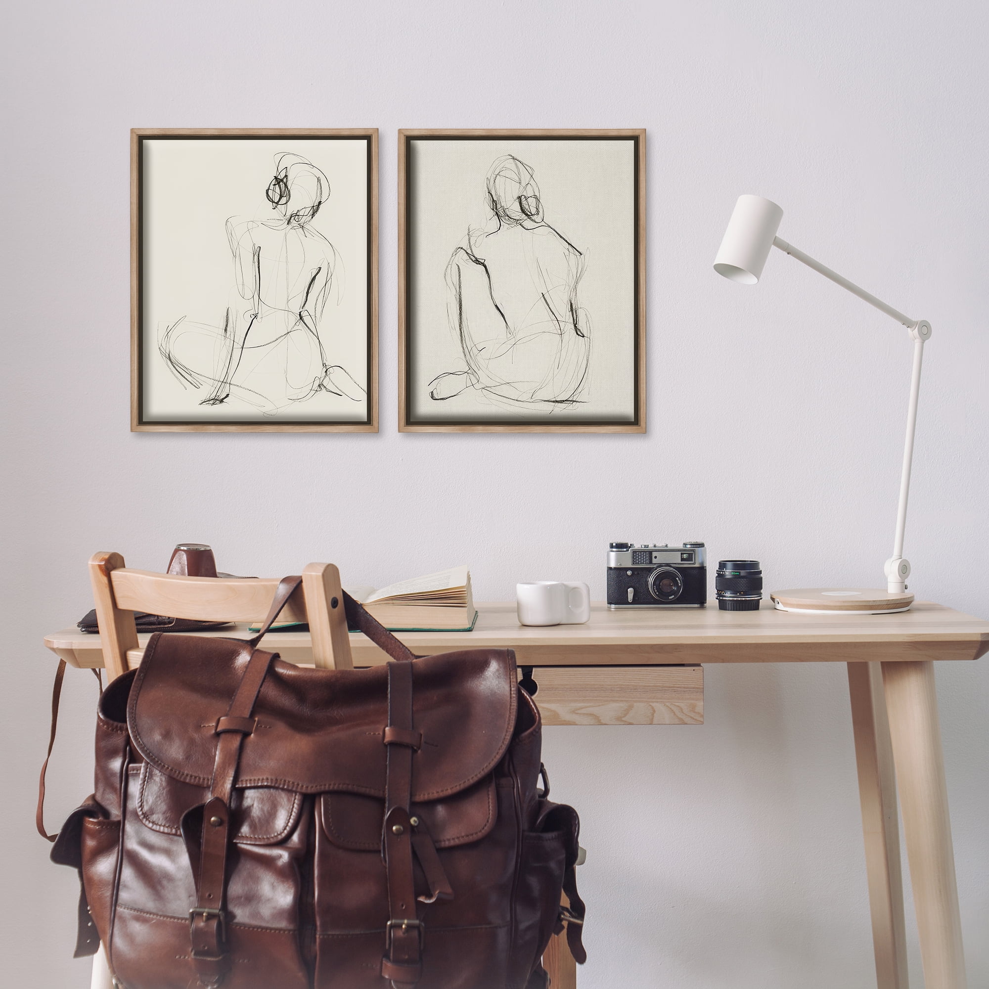 Stupell Industries Sitting Female Figure Drawing People Drawing Brown Floater Framed Canvas Art Print Wall Art, 17 x 21, Set of 2