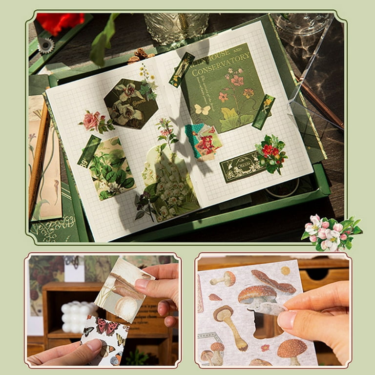 verlacod Vintage Scrapbook Kit with Gift Box,DIY Decorative Flower Mushroom  Aesthetic Scrapbook Set,Retro Journaling Supplies for Kids Notebook Journal  Card Art Craft,Green Plants 