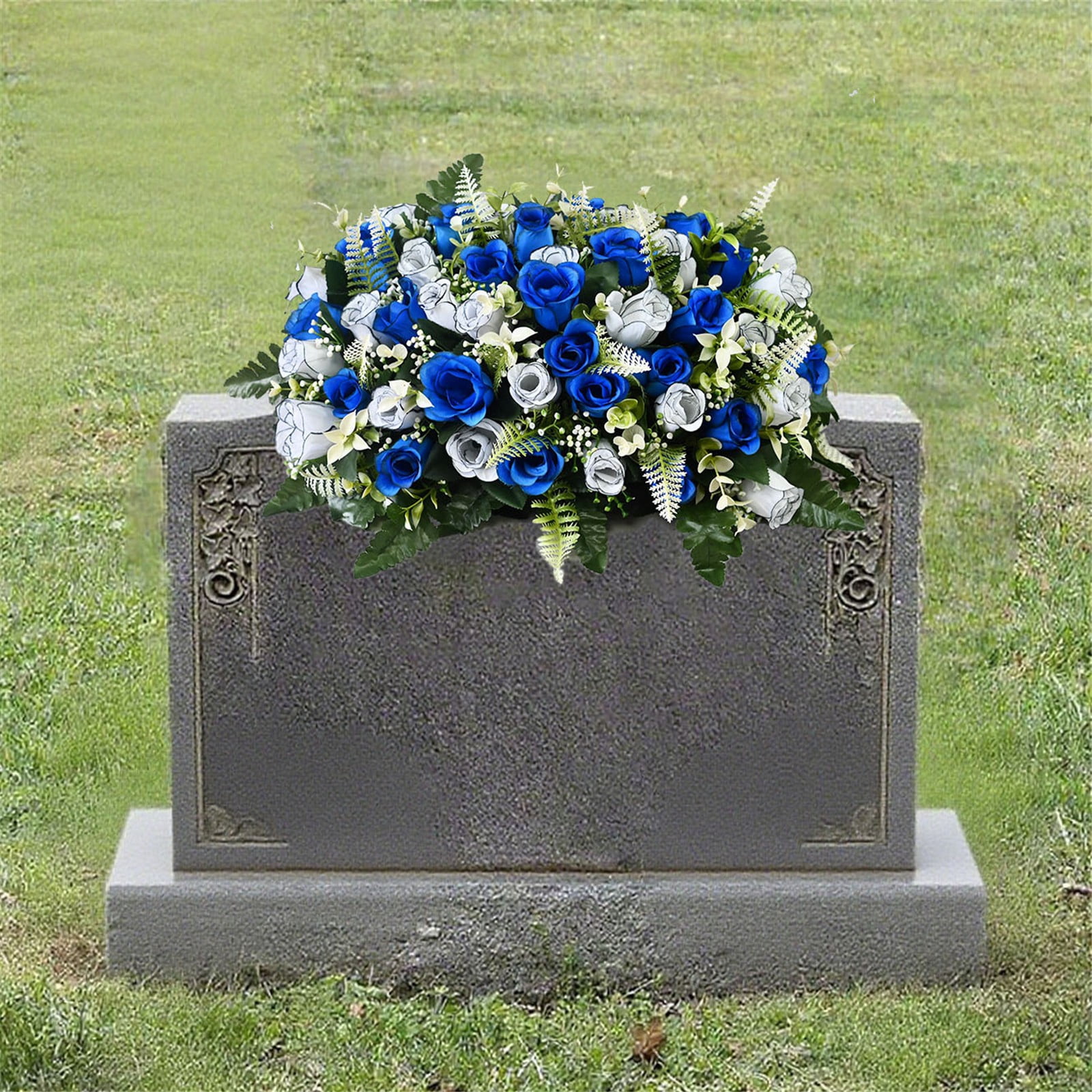 Grave Flowers Cemetery Decorations with Headstone Saddle, Artificial Sympathy Flowers Arrangement for Tombstone, Outdoor Memorial Grave Decor Weather Resistant,cemetery saddles for headstones
