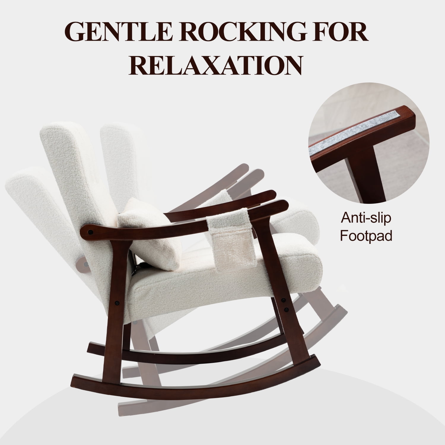 Rocking Chair with Massage Lumbar Support,Upholstered Glider Chair with Side Pocket, Nursery Rocker with High Backrest,Rubber Wood Legs, Rocking Accent Armchair for Living Room Bedroom Nursery