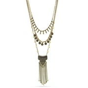 TAZZA WOMEN'S GOLD OXIDIZED ANTIQUE LOOK VINTAGE BOHO CRYSTAL AND TASSEL LAYERED NECKLACE