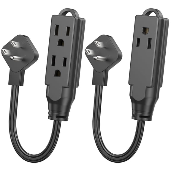 HITRENDS 1ft Short Power Extension Cord, 3 Outlet 3 Prong Grounded, 16AWG 13A 125V 1625W, Black 2‑Pack