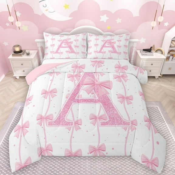 Manfei Letter A Monogrammed Bedding Comforter Set,Cute Bow Knot Twin Comforter Sets,Pink Glitter Print Bedding Set For Girl,Microfiber Room Decorative Reversible,2 Pieces