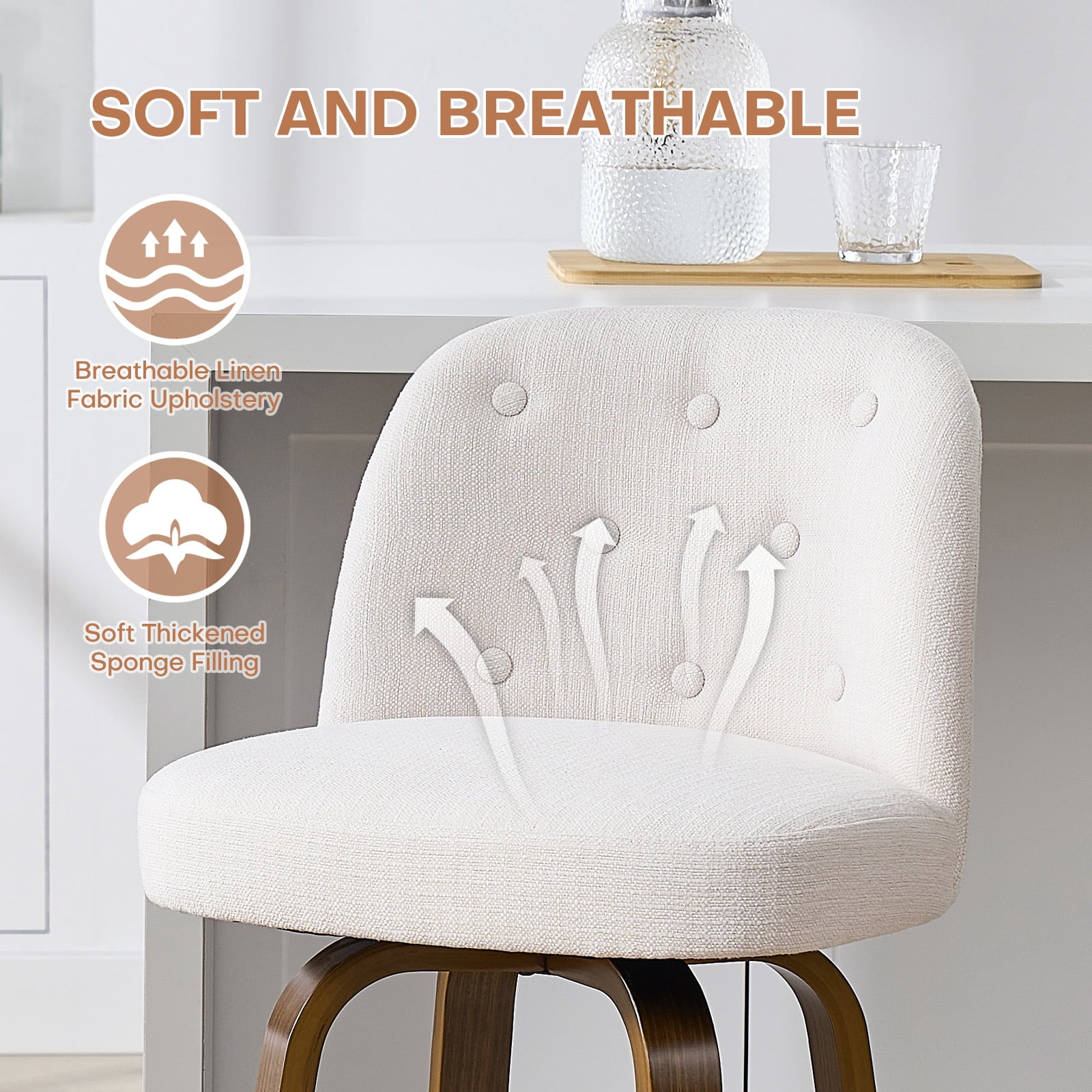 Foreate Swivel Bar Stools Set of 2, 26" Upholstered Linen Fabric with Button-tufted Mid-Back & Wood Legs, Modern Chair Kitchen Pub Island Counter Stool