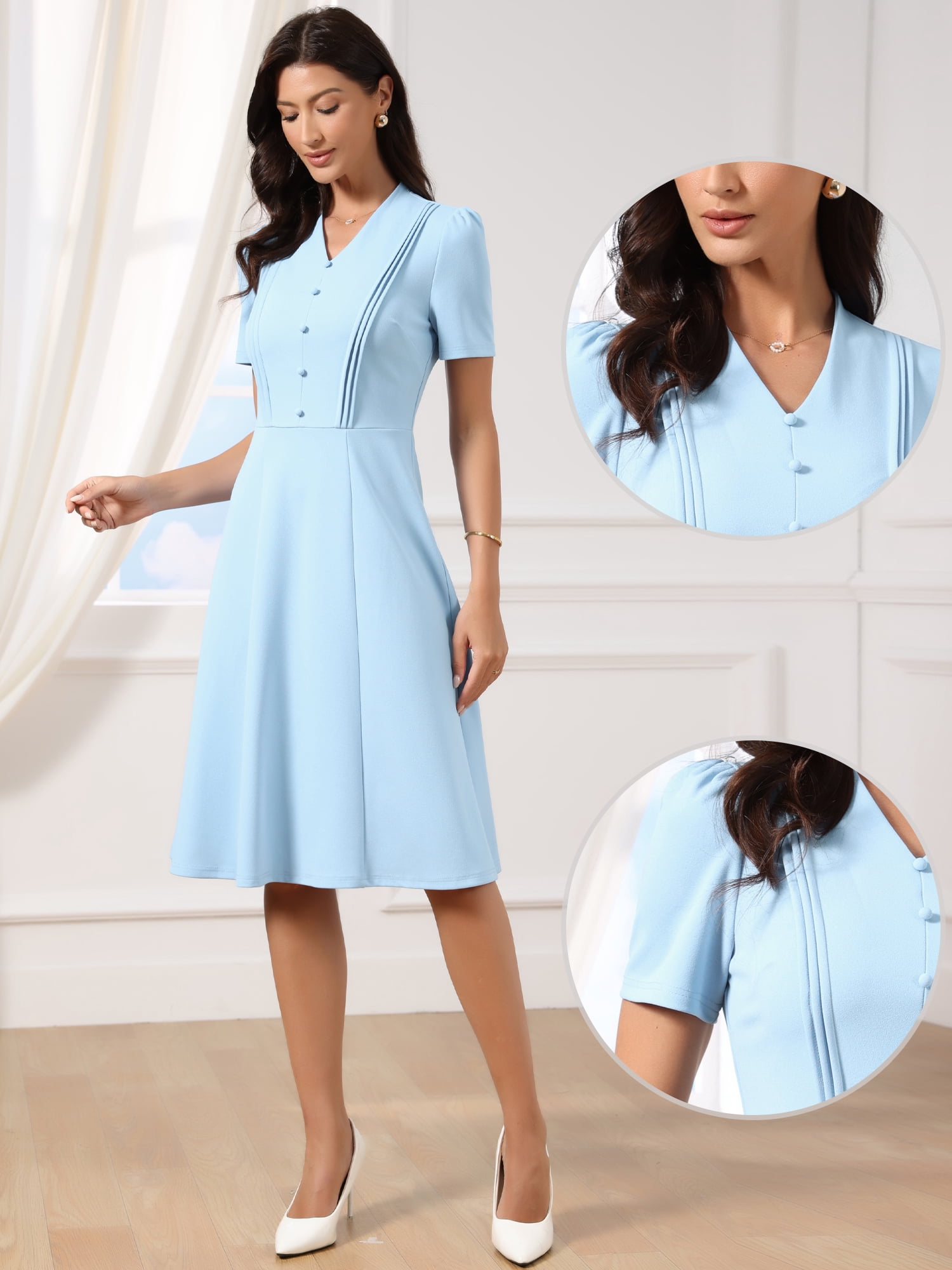 DARING DIVA Women's Work Dresses Midi Short Sleeve V Neck A-Line Dress XS Sky Blue