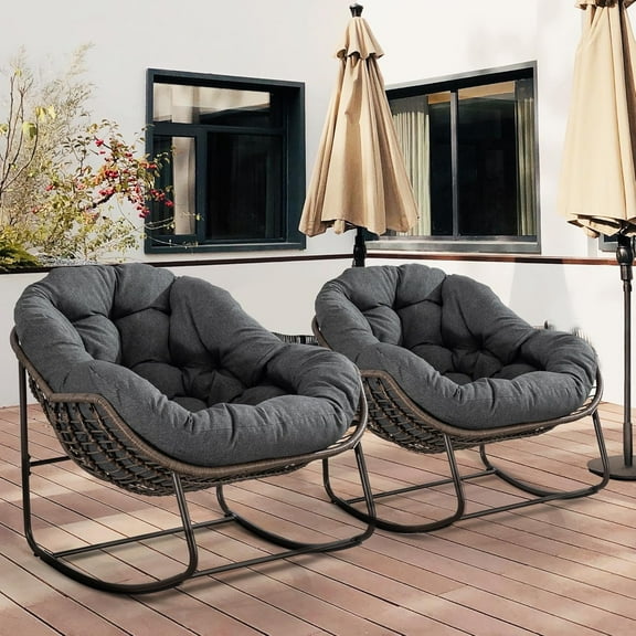 MOONMISS Outdoor Patio Rattan Oversized Rocking Chairs Set of 2 with Padded Cushion-Gray