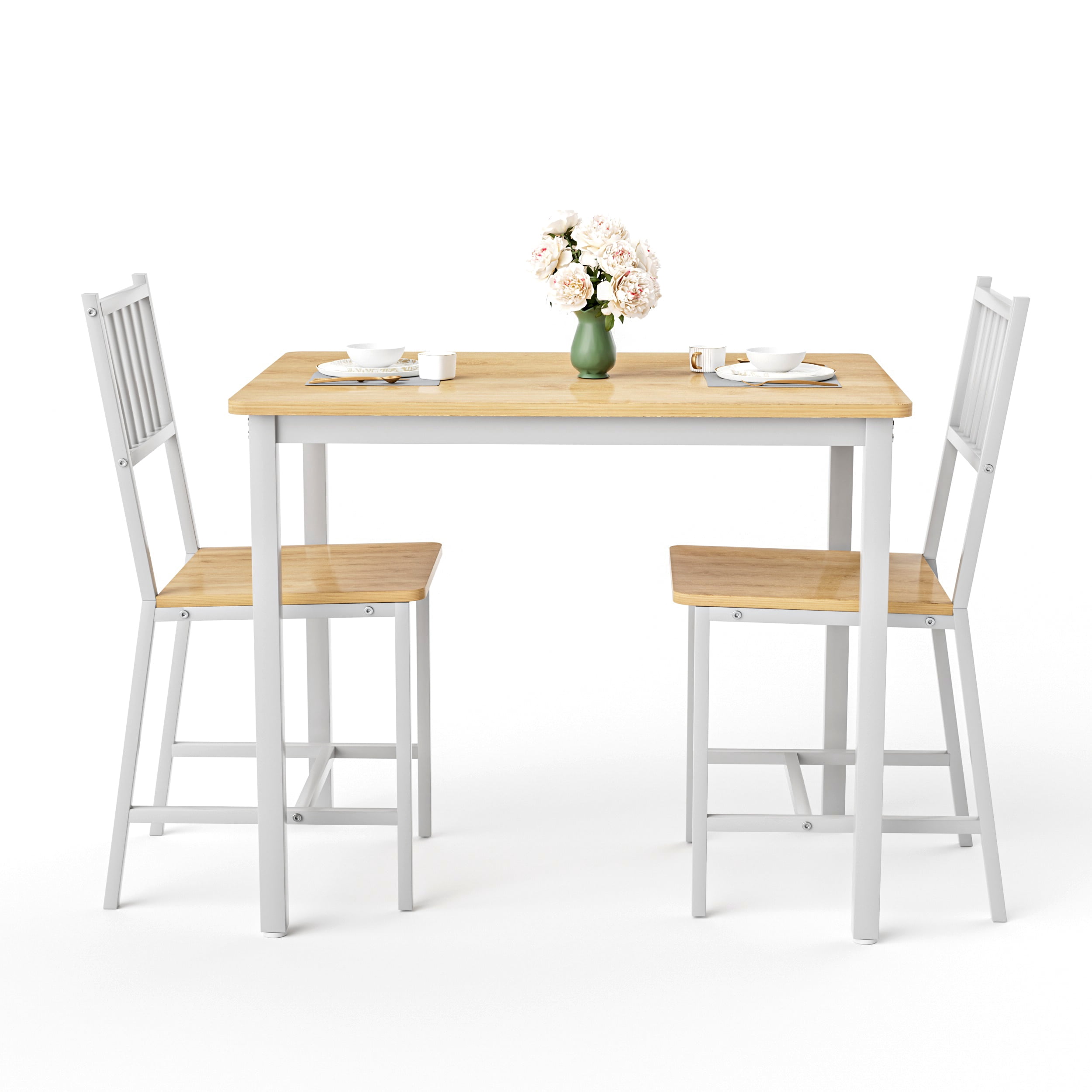 Dining Table Set for 4, Bar Table with 2 Benches, Industrial Kitchen Counter Set, Particle Board with Melamine Veneer, Steel Frame, for Kitchen Breakfast Living Room, Natural and White