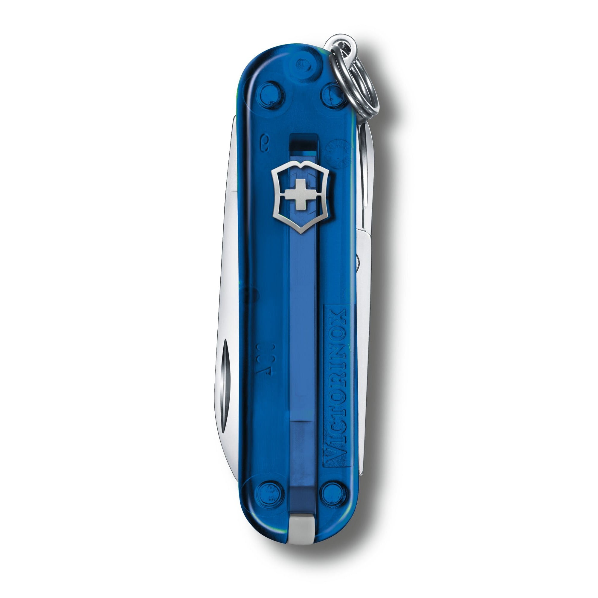 Victorinox Classic SD Swiss Army Knife, Compact, 7 Functions, Swiss Made Pocket Knife with Small Blade, Screwdriver and Key Ring - Transparent Blue