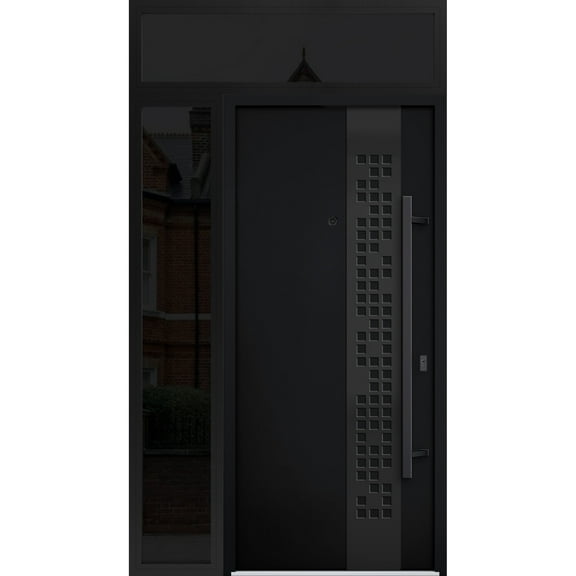 Front Exterior Prehung Steel Door / Deux 6078 Black Enamel / Side and Top Exterior Window Sidelite / Entry Metal Modern Painted W36 12" x H80 16" Left hand Inswing