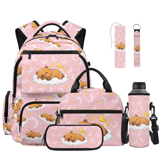 FOR U DESIGNS Pink Capybara Sleep Star Moon Print Backpack for Girls 6 Pack Backpack Set Backpack with Lunch Box Pencil Case Water Bottle Sleeve Bookmark Keychain School Bookbag for Kids Elementary