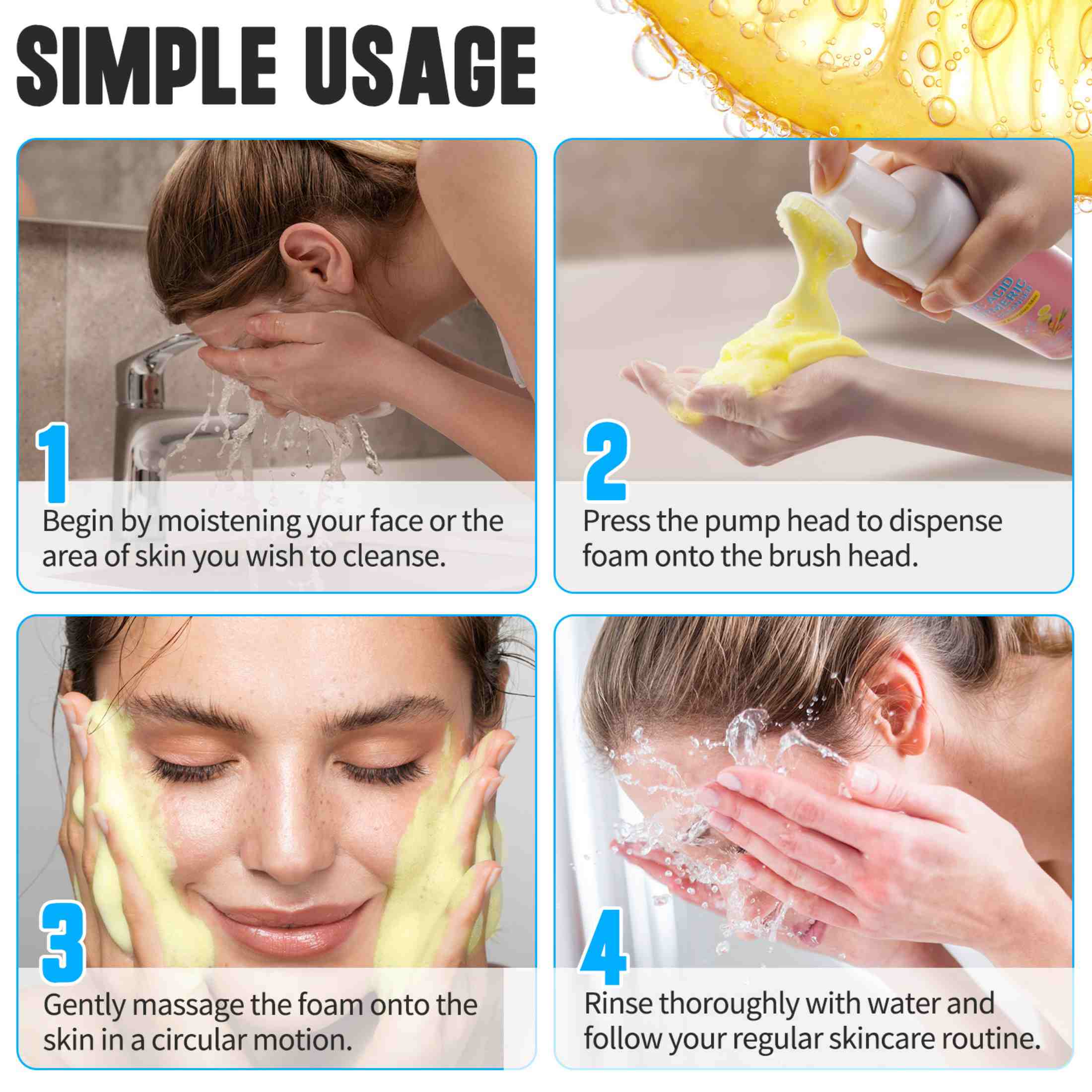 Aliver 3-Pack Turmeric Kojic Acid Foaming Face Cleanser, Deep Cleaning, Moisturizing, Easy to Use, For All Skin Type