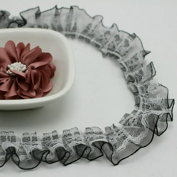 U8MO 40 Meter Black&White Double Layer Ruffle Unilateral Lace Tulle Ribbon Trim 25mm