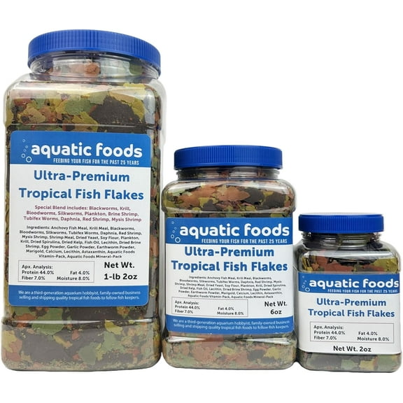 Ultra Premium Tropical Fish Flakes with Krill and Shrimp Meal, Spirulina for All Tropical Fish also Pellet Mix, Wafer Mix Included - 2oz
