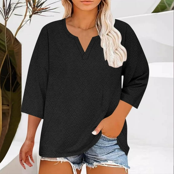 Maoxin Womens Tops 3/4 Length Sleeves Women Fashion Plus Size Solid Color V Neck 3/4 Sleeve Blouses 3/4 Sleeve Tops for Women Black 2XL