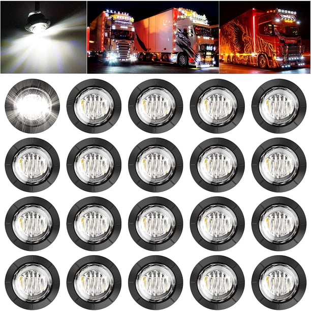 Luces LED de gálibo laterales redondas de 3/4", intermitentes delanteros y traseros, impermeables, para remolques, camiones, autobuses, furgonetas, caravanas, Wrangler, ATV, UTV (20 luces LED blancas)