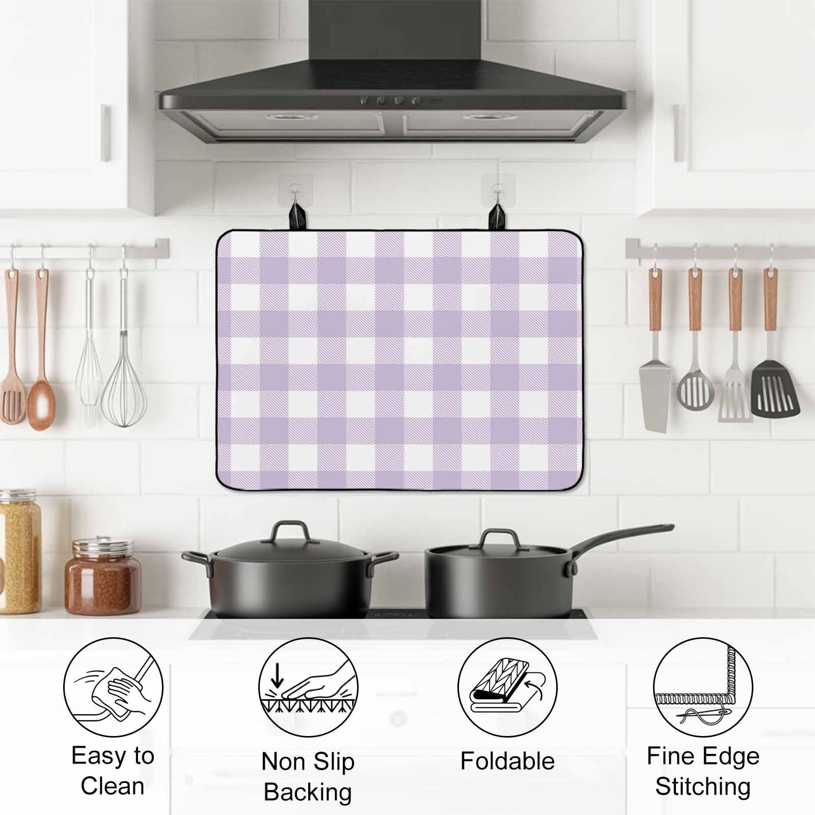 Plaid Purple Rural Style, Stove Top Cover for Electric Stove, Heat-proof & Non Slip Glass Top Stove Cover Protector, Rural Abstract Geometric Lattice Kitchen Flat Cooktop Rubber Mat 24x21 Inches