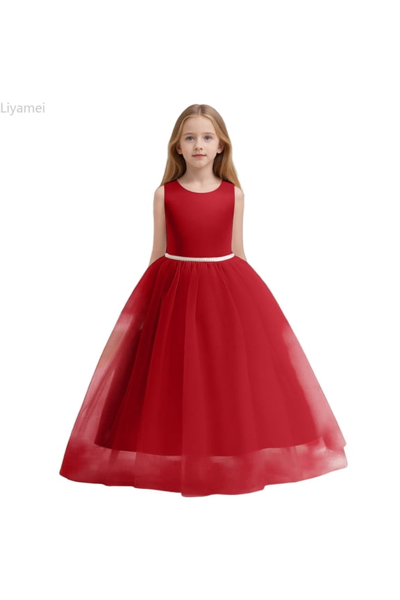 Flower Girls Satin Pageant Dress For Wedding Kids Pearls Prom Gowns With Bow Knot Girls Floral Dress Size 7Y/130