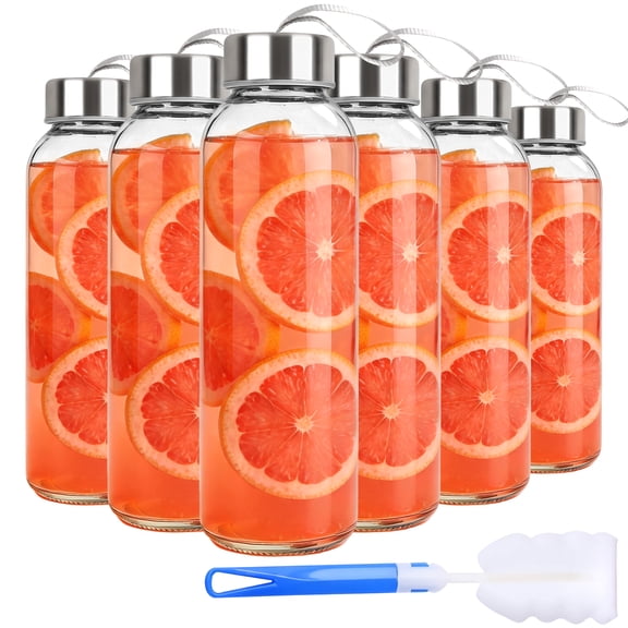 Clear Glass Water Bottles with Lids 18 oz, Reusable Glass Bottles with Stainless Steel Cap for Juicing, Refrigerator,100% Leak Proof, BPA Free, Juice Water Bottle Set of 6