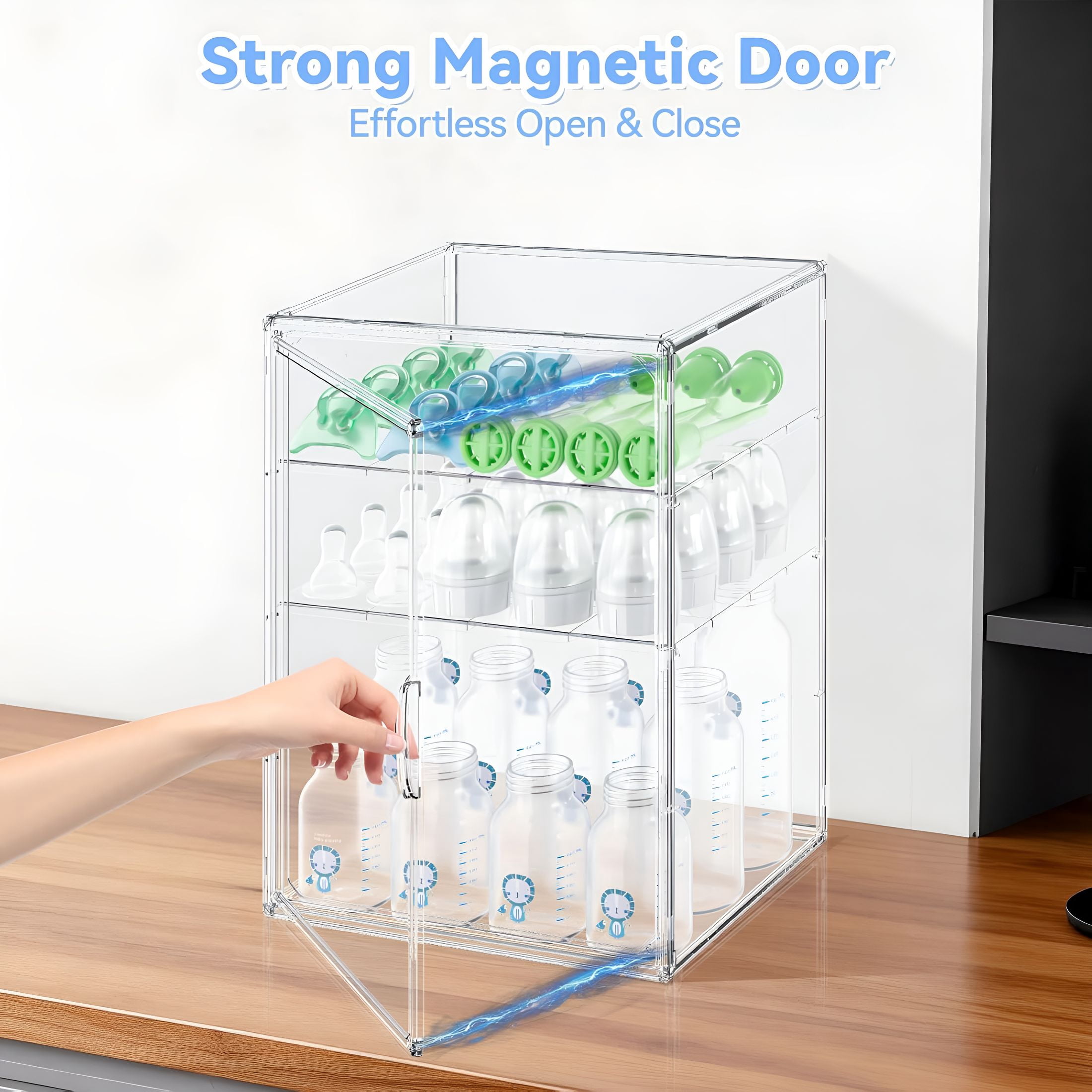 XIBUFE Baby Bottle Storage Organizer for Countertop,Large Clear Bottle Organizer,Baby Bottle Storage Organizer for Bottles,Nipples,Pump Parts&Food Jars,Nursery Cabinet,Kitchen Pantry