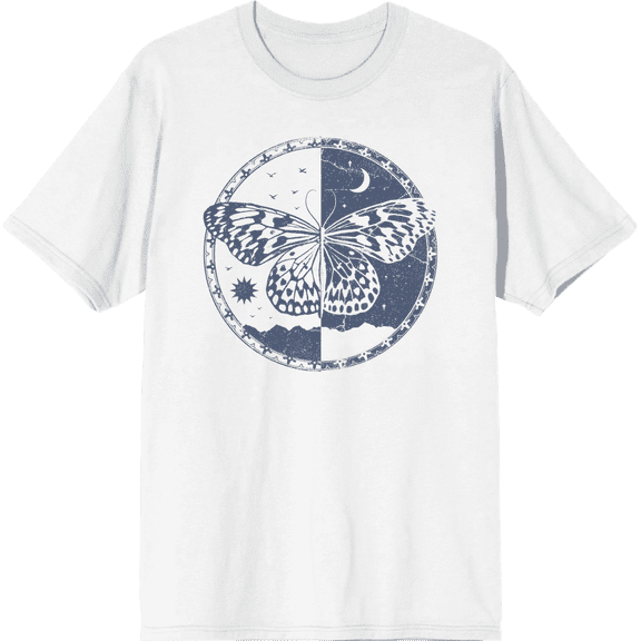 Butterfly Day And Night Adult White Crew Neck Short Sleeve Tee-Medium