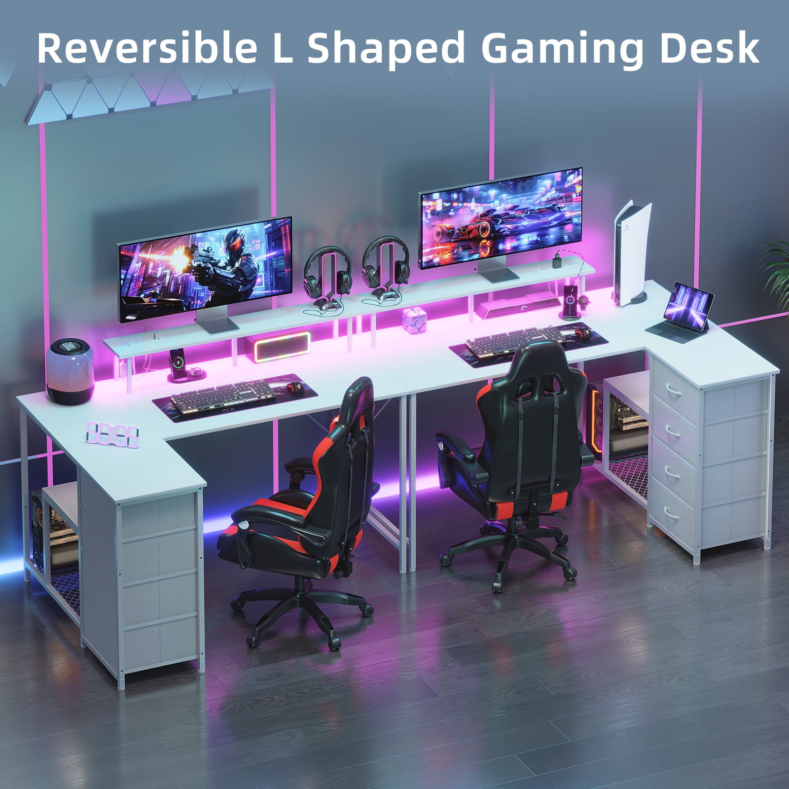 Eunos 53 inch L Shaped Gaming Desk with Power Outlets & LED Light, Computer Desk with 4 Tiers Drawers for Home Office, White