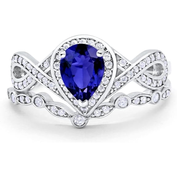 beryl_creation 14K White Gold Plated 925 Sterling Silver 2.50 Ct Pear Cut Blue Sapphire Wedding Engagement Thanksgiving Christmas Bridal Ring Set For Women's -4