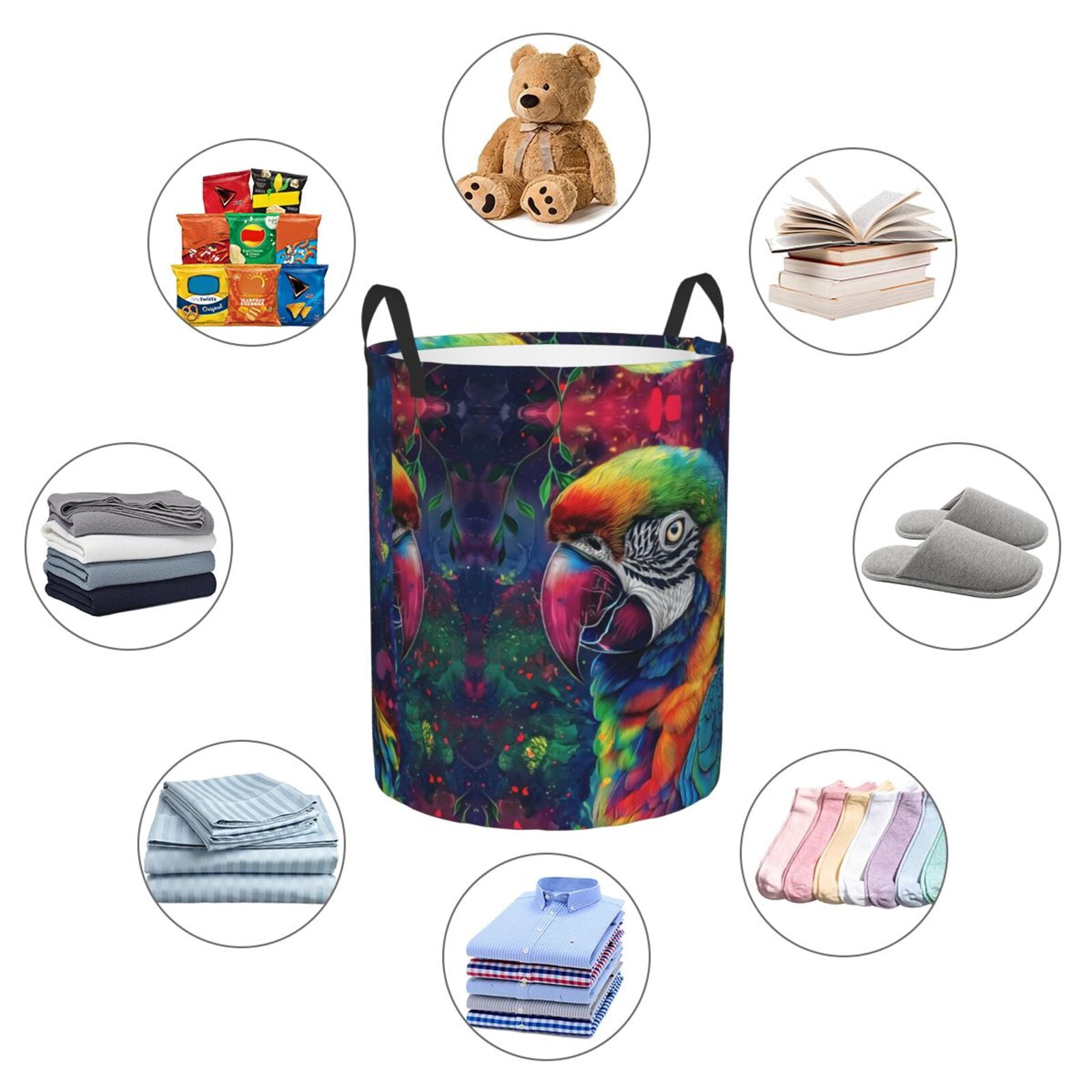 Large Laundry Basket with Handles - Vibrant Rainbow Parrot Fantasy Kids Baby Dirty Clothes Laundry Hamper for Bedroom Aesthetic