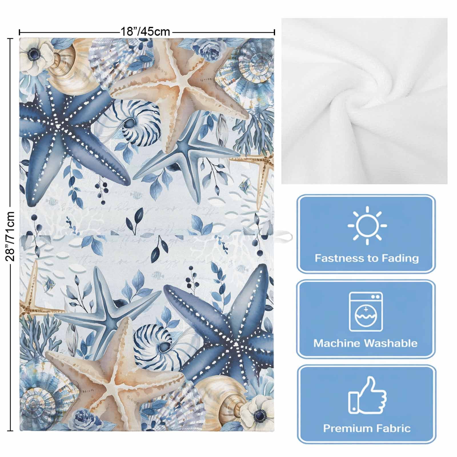 Blue Starfish Coastal Kitchen Towels Set of 2, Water Absorbent Dish Towel, Eucalyptus Summer Nautical Shell Decorative Hand Towels - Quick Drying Cloth for Cooking Baking, 18x28 Inch