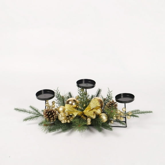 23.62*6.69Inch Christmas Triple Candelabrum Centerpiece with Gold Glittery Bowknot Baubles Ornaments, Pinecones for Holiday Tabletop Decor, Wedding Dining Room Party Candle Holder