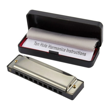 Diatonic Harmonica - 10-Hole Stainless Steel Harmonica with Case and Microfiber Cloth, Educational Musical Instrument, Mouth Organ for Beginners, Student, Kids, Dark Grey, 4.02 x 0.83 x 1.18