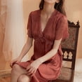 thumbnail image 2 of Defitshape Women's Satin Nightgown Summer Lace Flutter Short Sleeve Midi Pajama Dress Sexy Silky Sleep Shirt Deep V Neck Frilly Cutout Nighty Sleepwear Coffee 14, 2 of 2