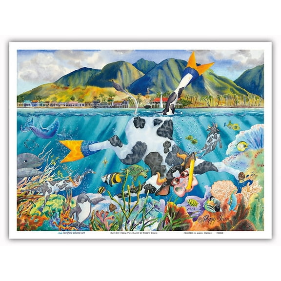 Day Off From The Dairy - Hawaiian Snorkeling Cow (Bipi Wahine) - From an Original Hawaii Watercolor Painting by Peggy Chun - Master Art Print (Unframed) 9in x 12in