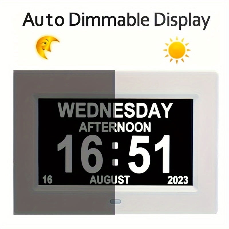 1pc Digital Calendar Day Alarm Clock, Photo Frame Media Player Auto Dimmable and Sun Moon Icons, 4 Alarm Options 7 Inch Large Analog Wall Clock with Remote Control for Elderly Dementia Alzheimers