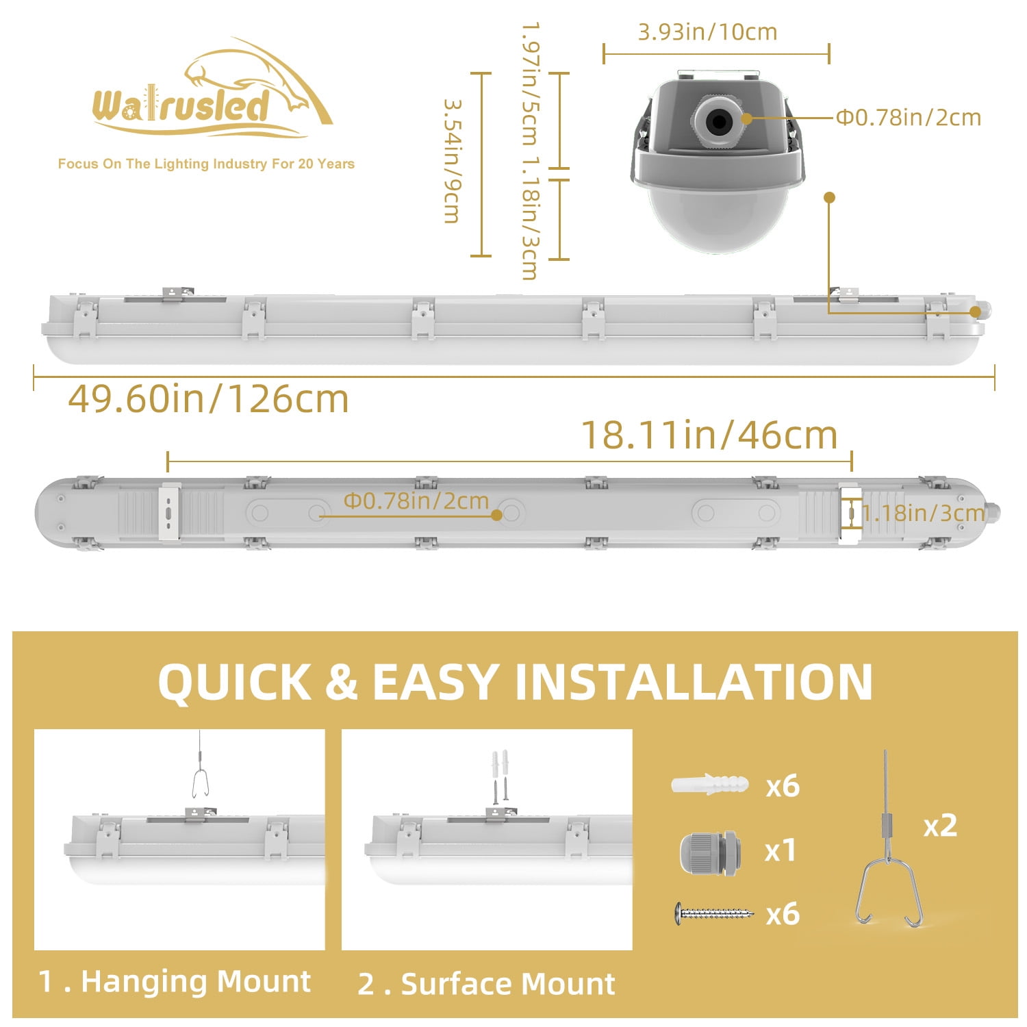 4FT LED Vapor Tight Emergency Light, Battery Backup IP65 IK08 20W/40W 125LM/W LED Vapor Proof Fixture, 5000K, 100-277V, 0-10V Dimmable 4 Foot Waterproof LED Outdoor Shop Light Fixture for Carport,FCC