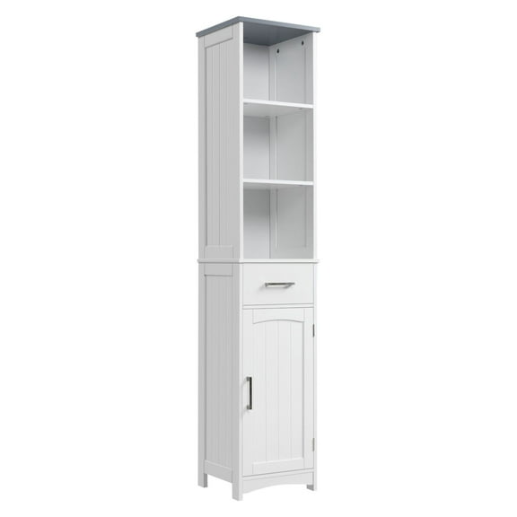KWUXIN Slim Bathroom Storage Cabinet White, 3 Tier Shelf Cupboard with Drawer & Door, Freestanding Linen Tower Organizer