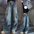 thumbnail image 2 of Coerni Baggy Cargo Pants for Kids Girls Wide Leg Jeans Y2k Hip Hop High Waisted Pants Casual Streetwear Loose Clothes, 2 of 8