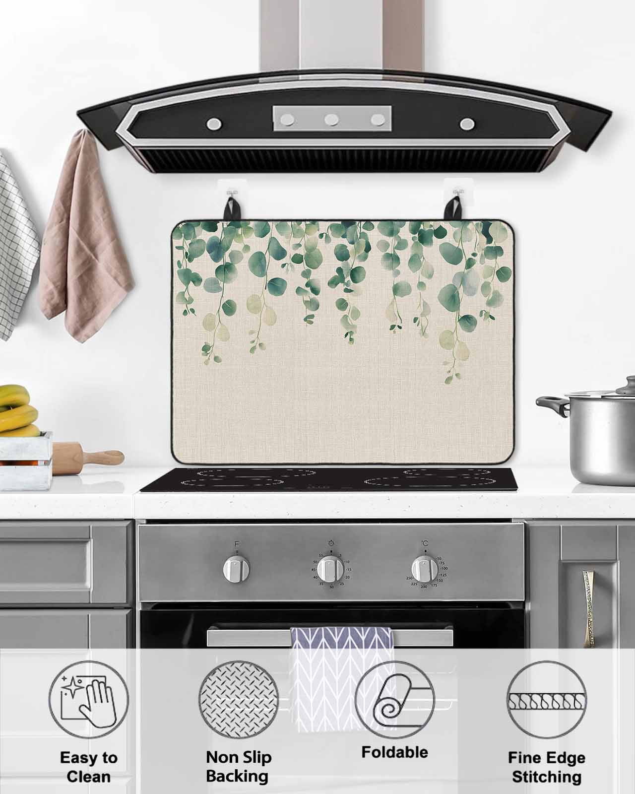 nqOlkjepod Large Induction Cooktop Protector Mat 24"x21", Rustic Leaves Stove Top Covers for Electric Stove, Vintage Spring Botanical Eucalyptus Vines Stove Burner Cover Mats, Glass Top Stove Cover