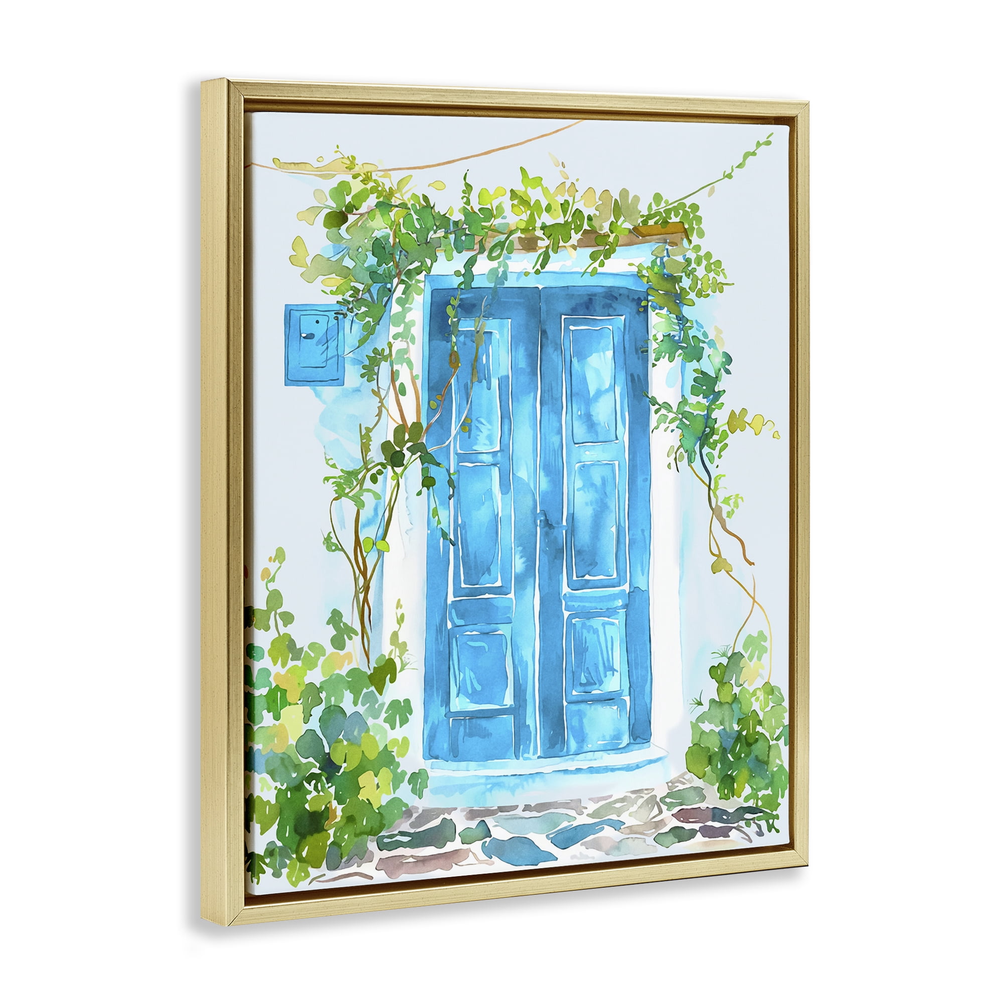 Stupell Industries Blue Vine Covered Door Scenery Painting Gold Floater Framed Art Print Wall Art, 25 x 31
